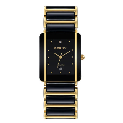 BERNY Ceramic Quartz Men Watch Fashion Luxury Rectangle Wristwatch XV12 Waterproof Calendar Diamon Black Gold Couple Gifts Watch - LKBA