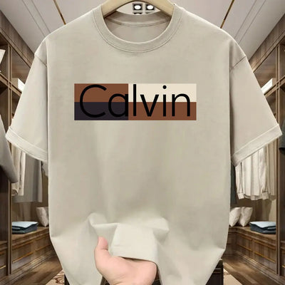 Men's summer 100% pure cotton fashionable casual sports loose Calvin pattern printed round neck short sleeved T-shirt top - LKBA