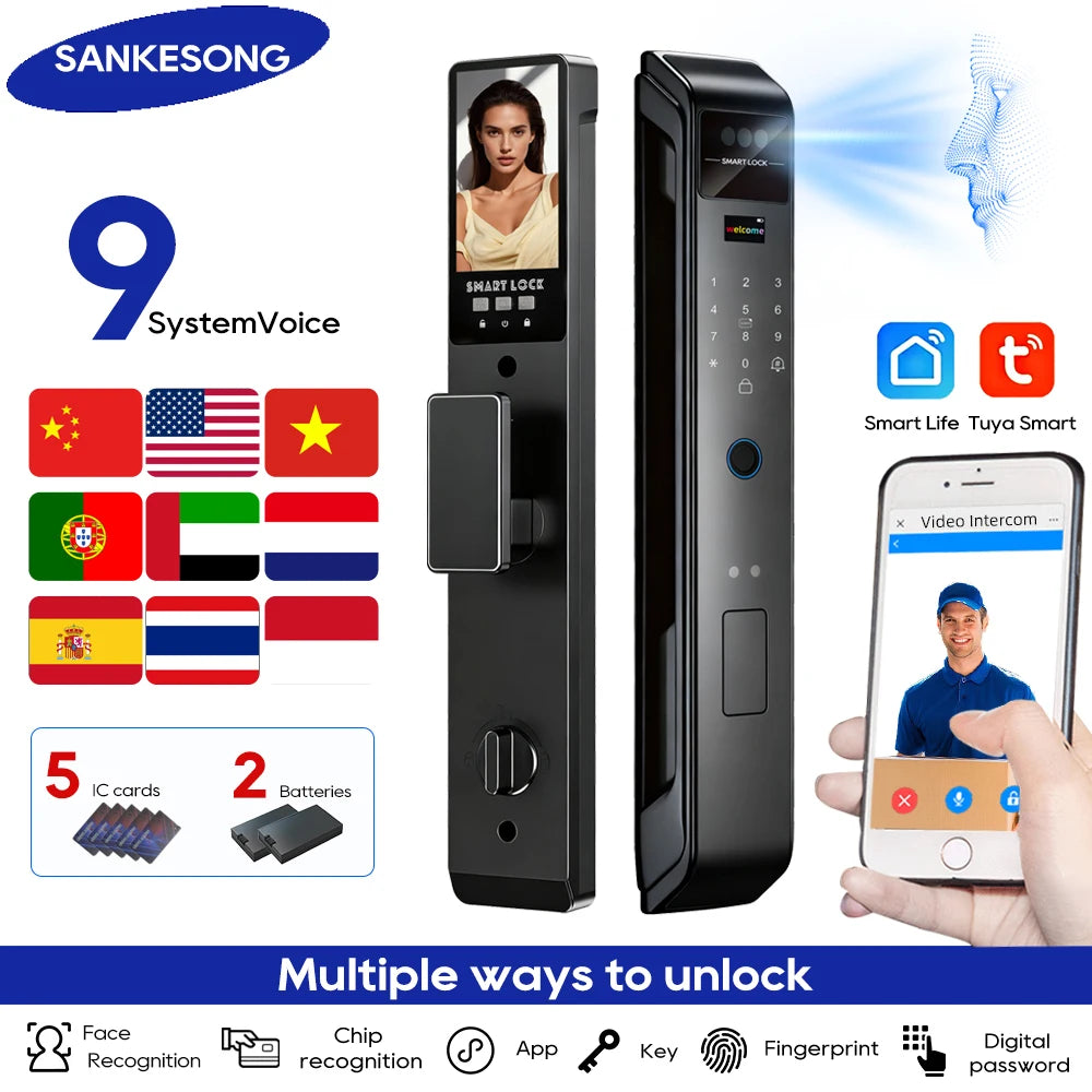 SANKESONG Tuya 3D Face Recognition Smart Lock with Security Camera Digital Electronic Intelligent Fingerprint Lock Dual Battery - LKBA