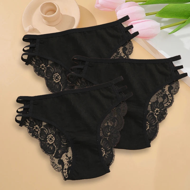 3PC/Set Women's Sexy Floral Lace Panties Low Rise Hollow Out Briefs Transparent Underwear Female Elastic Straps Soft Lingerie