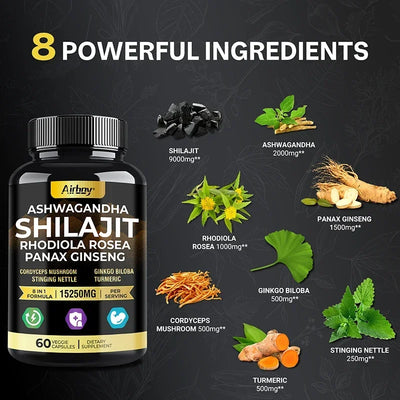 Ashwagandha, Shilajit, Rhodiola, Ginseng Capsules - Increase Muscle Mass, Improve Endurance, Energy Supplement - LKBA