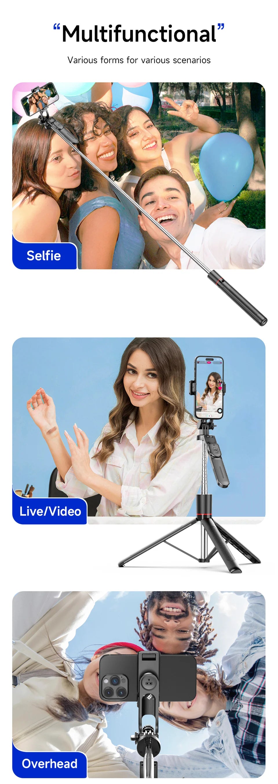 Selfie Stick Tripod with 1708mm Long Monopod Fill Light, Bluetooth Remote, 360° Rotation - LKBA