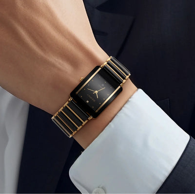 BERNY Ceramic Quartz Men Watch Fashion Luxury Rectangle Wristwatch XV12 Waterproof Calendar Diamon Black Gold Couple Gifts Watch - LKBA