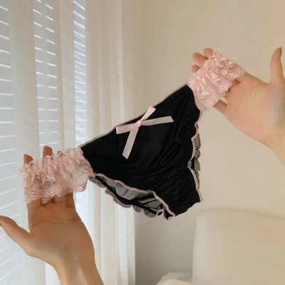 Women's Panties Lace Ruffle Satin Sexy Underwear Women's Low Waist Mesh Hollow Out Panties Sweet Girl Breathable  Briefs Lingeri - LKBA