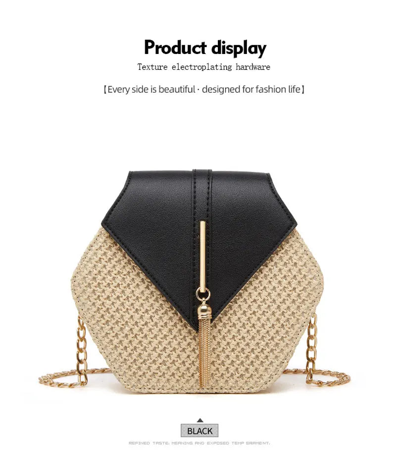 Shape Straw PU Leather Handbag Women Summer Rattan Bag Handmade Woven Beach Bohemia Chain Strap Shoulder - LKBA