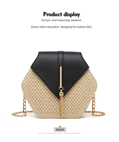 Shape Straw PU Leather Handbag Women Summer Rattan Bag Handmade Woven Beach Bohemia Chain Strap Shoulder - LKBA