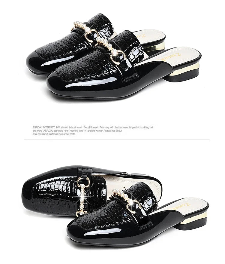 Summer New Pearl Painted Leather Low Heel Women's Slippers High Quality Flat Bottom Half Slippers Comfortable Fashionable