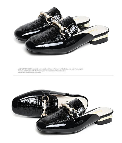 Summer New Pearl Painted Leather Low Heel Women's Slippers High Quality Flat Bottom Half Slippers Comfortable Fashionable
