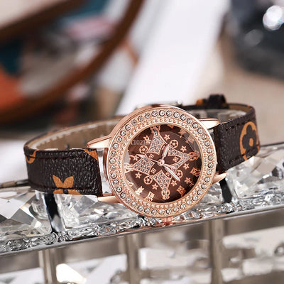 Classic Fashion Quartz Wristwatches Sparkling Rhinestone Women's Watches Leather Strap Relojes Para Damas - LKBA