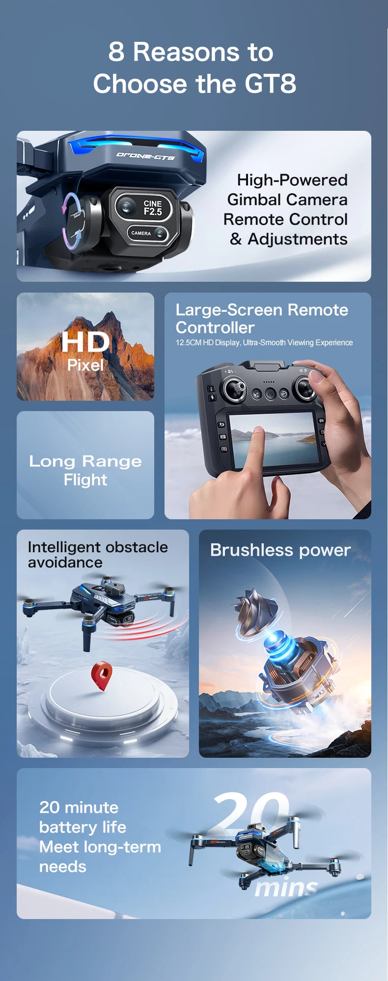 Professional Drone GT8 8K Wide-Angle HD 1080P Camera Wi-Fi FPV Height Hold Foldable RC Drone Quadrotor Helicopter - LKBA