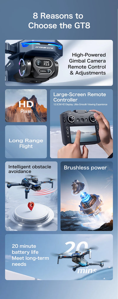 Professional Drone GT8 8K Wide-Angle HD 1080P Camera Wi-Fi FPV Height Hold Foldable RC Drone Quadrotor Helicopter - LKBA