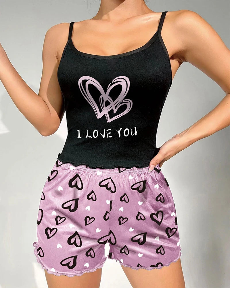 Women's Milk Silk Pajamas Set Summer Sleeveless Heart Print Shorts Sleepwear Sexy Comfortable Loungewear Two Piece - LKBA