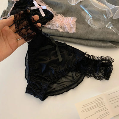 Women's Panties Lace Ruffle Satin Sexy Underwear Women's Low Waist Mesh Hollow Out Panties Sweet Girl Breathable  Briefs Lingeri - LKBA