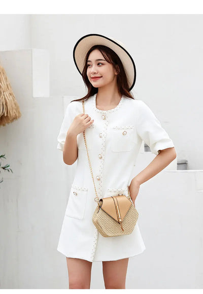 Shape Straw PU Leather Handbag Women Summer Rattan Bag Handmade Woven Beach Bohemia Chain Strap Shoulder - LKBA