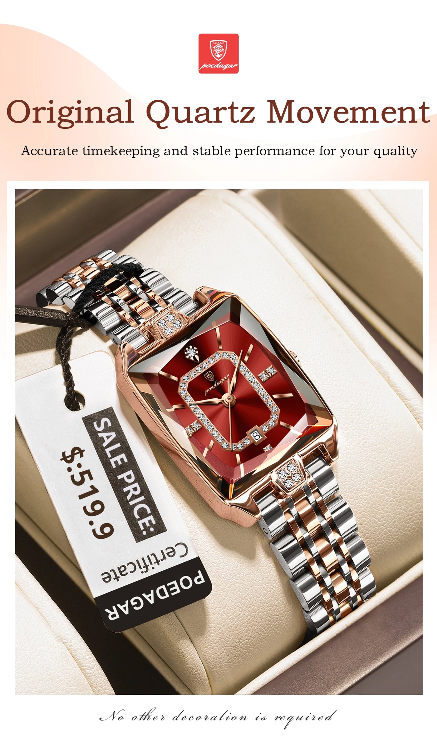 POEDAGAR Luxury Rectangle Watch For Woman Waterproof Calendar Simple Ladies Watch Fashion Stainless Steel Quartz Women's Watches - LKBA