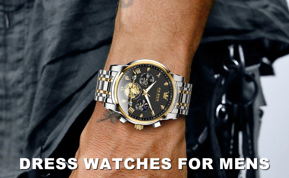 OLEVS 2856 Quartz Watch for Men Flywheel Skeleton Chronograph Moon Phase Multifunctional Stainless steel Men's Wristwatches - LKBA