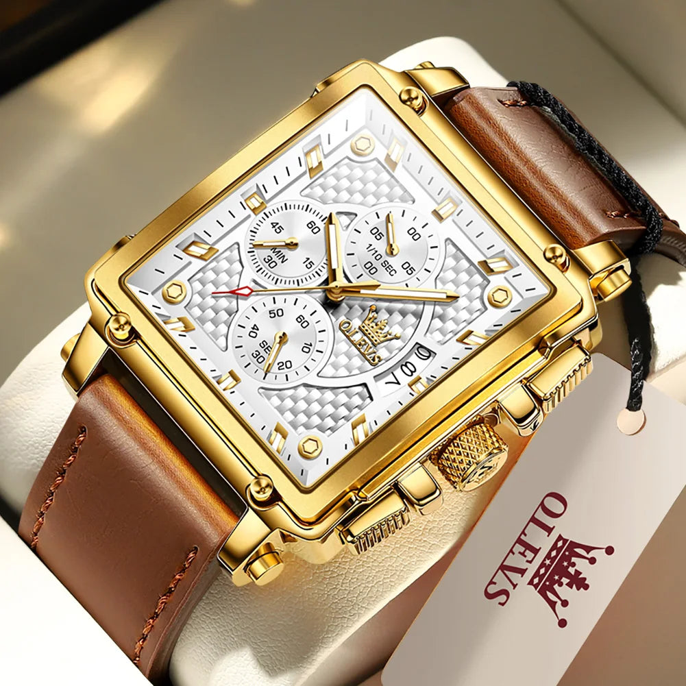 OLEVS Luxury Classic Men's Watches Top Brand Original Quartz Square Quartz Watch for Man Leather Strap Waterproof Luminous Date - LKBA