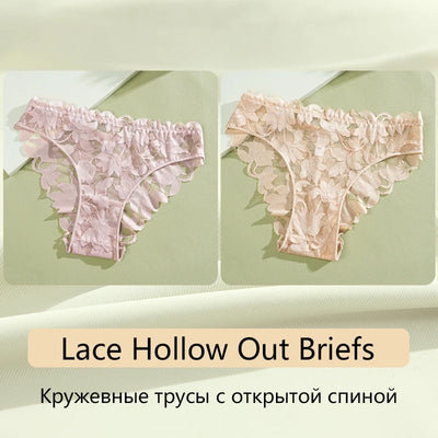 2Pcs Women's Satin Floral Lace Underwear Sexy Hollow Out Panties Solid Low-Waist Perspective Briefs Girls Soft Lingerie - LKBA