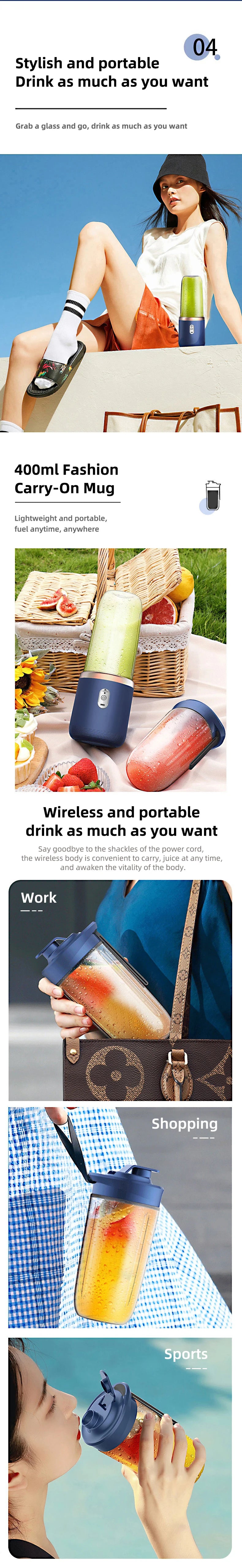 Portable Juicer Blender 400ml Electric Fruit Juicer USB Charging Lemon Orange Fruit Juicing Cup Smoothie Blender Machine 2cups - LKBA