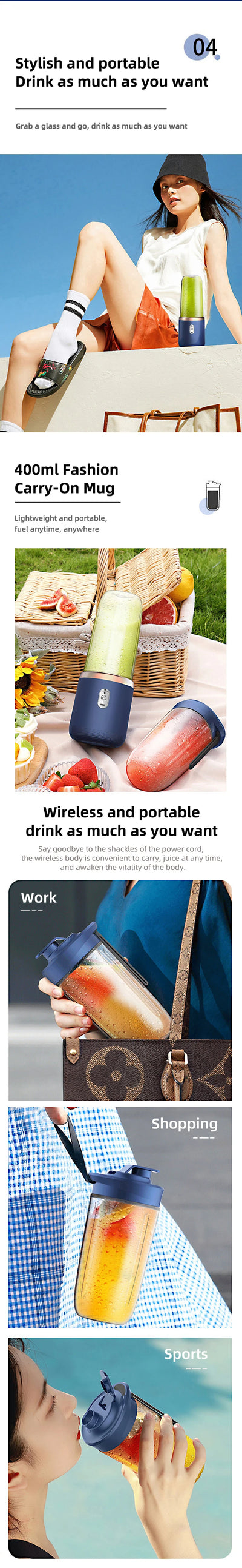Portable Juicer Blender 400ml Electric Fruit Juicer USB Charging Lemon Orange Fruit Juicing Cup Smoothie Blender Machine 2cups - LKBA