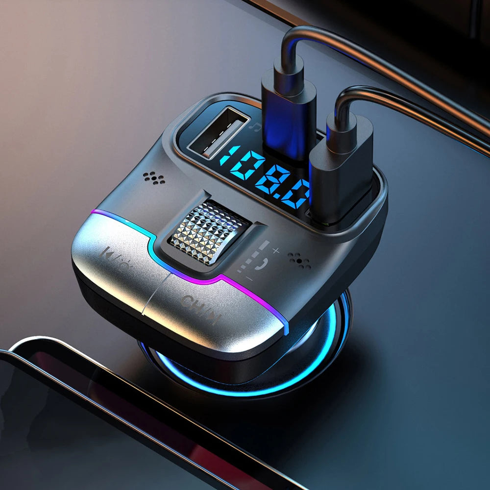 Bluetooth 5.3 Car FM Transmitter Wireless Bluetooth Car Adapter MP3 Player Handsfree Call Dual USB PD Fast Charger Roller Wheel - LKBA