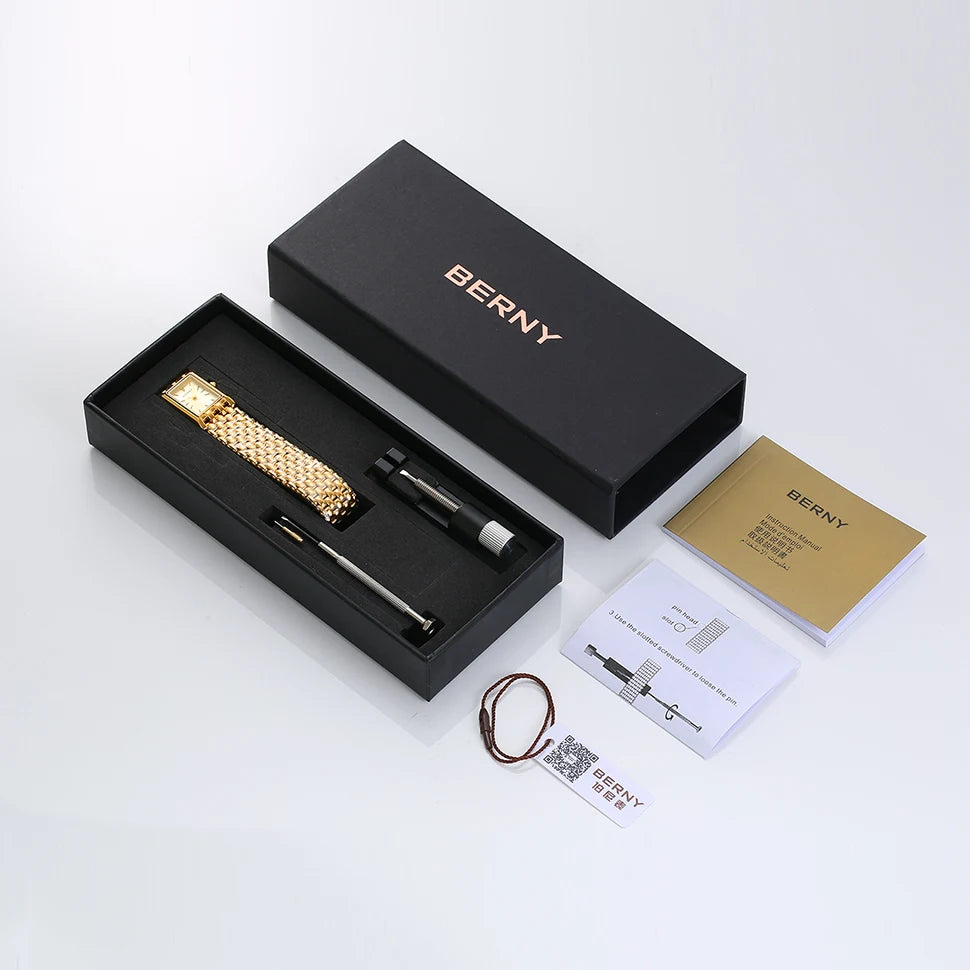 BERNY Gold Watch for Couple Luxury Women/Men Wristwatch Waterproof Golden Clock Quartz Stainless Steel Fashion Men Ladies Watch