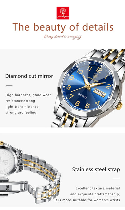 POEDAGAR Fashion Ladies Watch Waterproof Luminous Date Week Watch for Woman High Quality Stainless Steel Women's Quartz Watches - LKBA