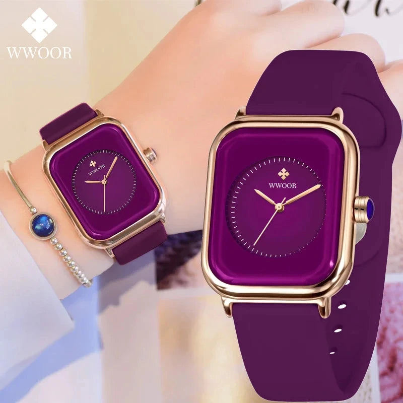 WWOOR Luxury Brand Watches For Women Fashion Square Purple Ladies Quartz Wristwatch Waterproof Silicone Band Relogio Feminino - LKBA