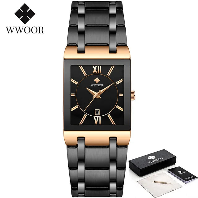 Fashion Stainless Steel Watches Men 2024 WWOOR Square Waterproof Quartz Watch Men Top Brand Luxury Gold Black Wristwatch For Man