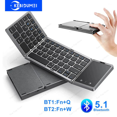 Bluetooth 5.1 Keyboard 3-Folding Mini Keyboard Rechargeable Foldable Keyboard with Touchpad - LKBA