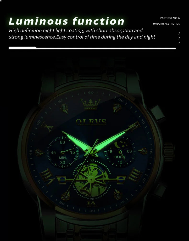 OLEVS 2856 Quartz Watch for Men Flywheel Skeleton Chronograph Moon Phase Multifunctional Stainless steel Men's Wristwatches - LKBA