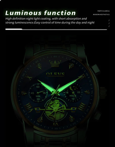 OLEVS 2856 Quartz Watch for Men Flywheel Skeleton Chronograph Moon Phase Multifunctional Stainless steel Men's Wristwatches - LKBA