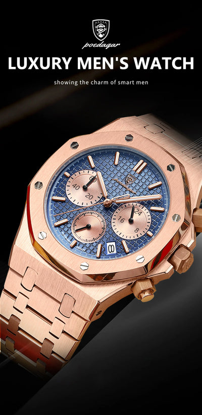 POEDAGAR Original Luxury Men's Watches Date Chronograph Stainless Steel Quartz Watch Waterproof Luminous Fashion Man Wristwatch - LKBA