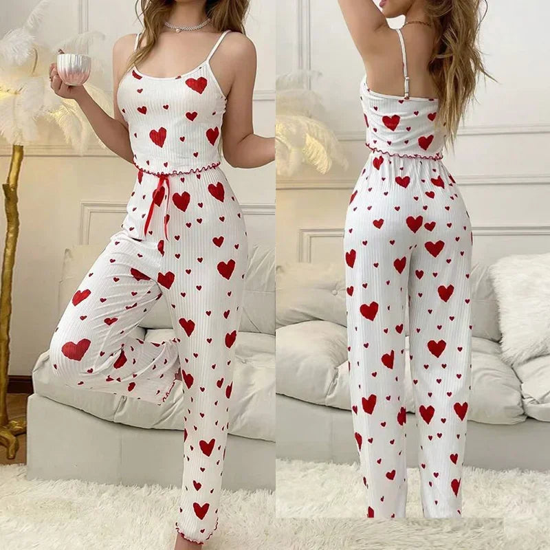 Women Sleepwear Autumn Winter Pajamas Sets Heart Print Sleeveless Cami Vest with Long Pants Trouser Set Sexy Lingerie Pyjamas - LKBA