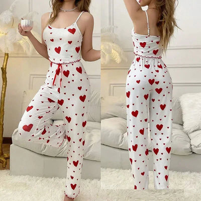 Women Sleepwear Autumn Winter Pajamas Sets Heart Print Sleeveless Cami Vest with Long Pants Trouser Set Sexy Lingerie Pyjamas - LKBA