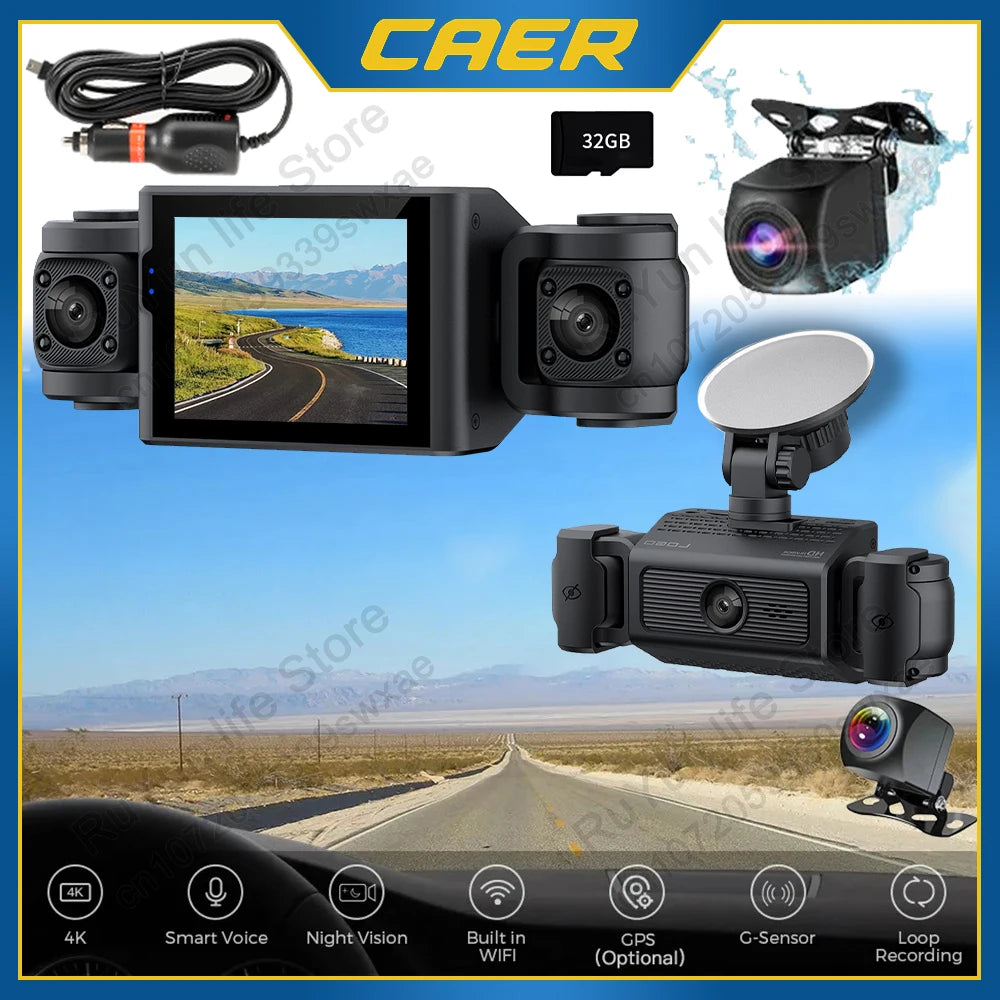 Dash Cam W/ IR Night Vision Loop Recording 3" IPS Screen 360° Rotatable 1080P 4 Camera Front/Rear/Left/Right Cars Driving DVR - LKBA
