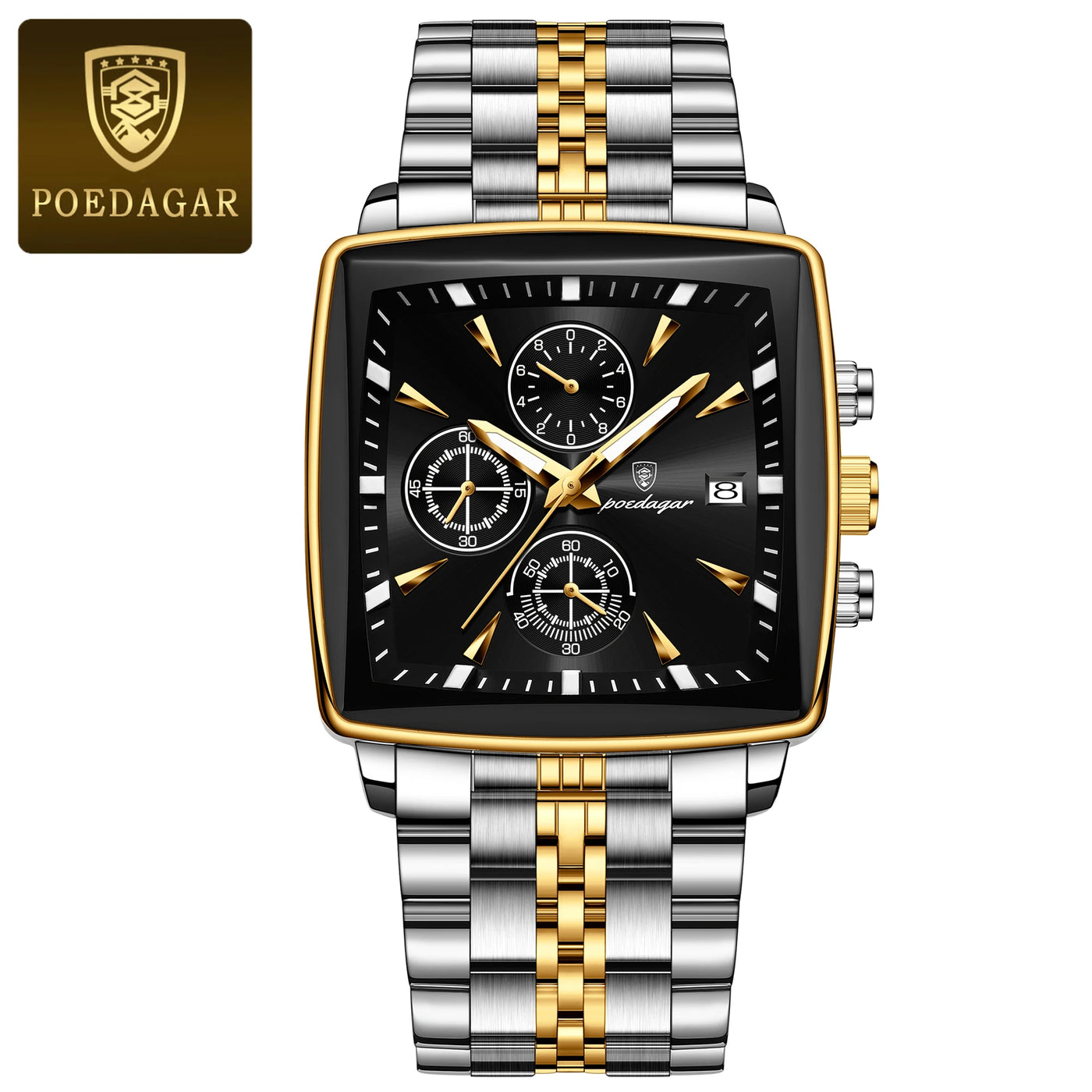 POEDAGAR Square Men Watch Waterproof Luminous Chronograph Calendar Man Wristwatch Stainless Steel Quartz Men's Watches+Box Reloj - LKBA