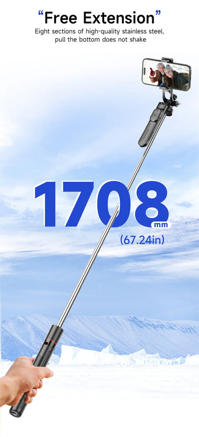 Selfie Stick Tripod with 1708mm Long Monopod Fill Light, Bluetooth Remote, 360° Rotation - LKBA