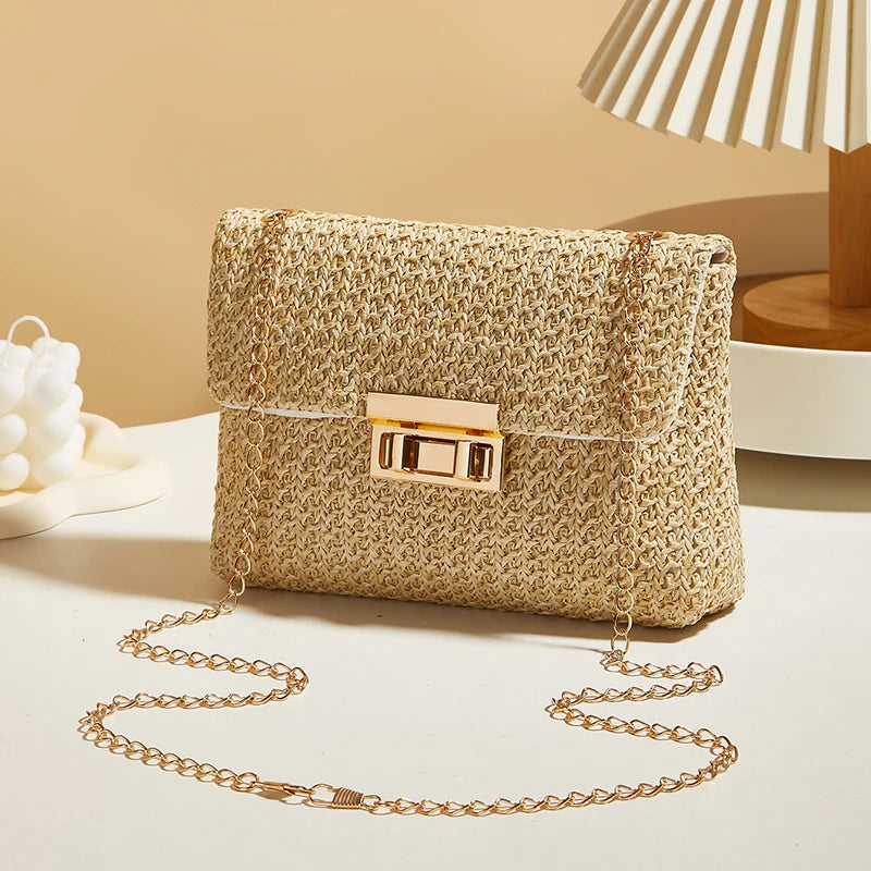 Fashion Straw Women Chain Shoulder Bag Woven High-Capacity Buckle Closure Clutch Handmade - LKBA