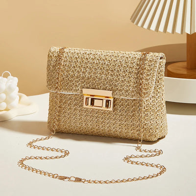 Fashion Straw Women Chain Shoulder Bag Woven High-Capacity Buckle Closure Clutch Handmade - LKBA