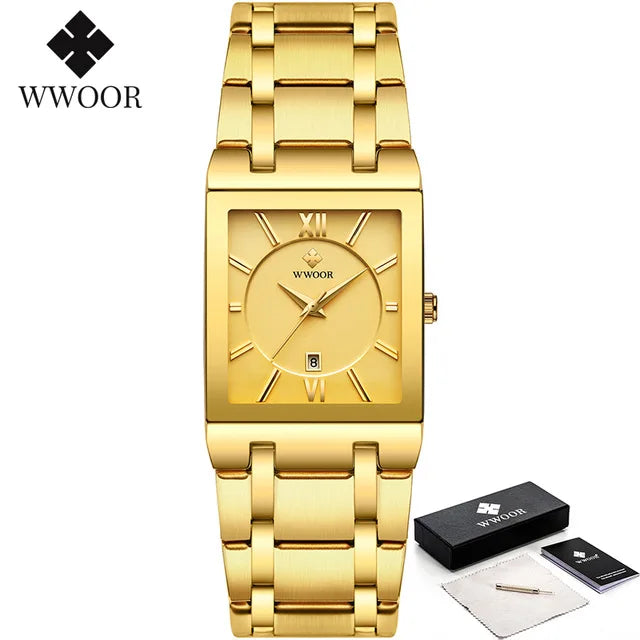 WWOOR Brand Luxury Gold Bracelet Men's Watches Fashion Square Quartz Wrist Watch For Men Stainless Steel Waterproof Reloj Hombre