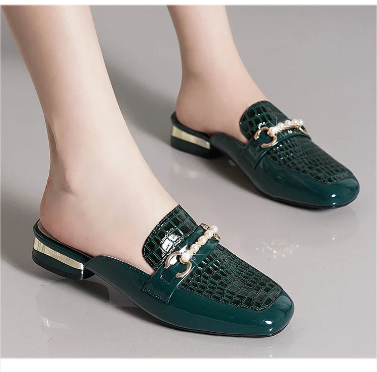 Summer New Pearl Painted Leather Low Heel Women's Slippers High Quality Flat Bottom Half Slippers Comfortable Fashionable - LKBA
