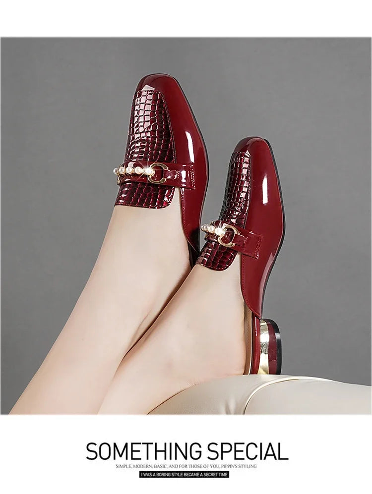Summer New Pearl Painted Leather Low Heel Women's Slippers High Quality Flat Bottom Half Slippers Comfortable Fashionable - LKBA