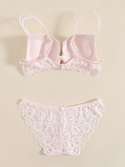 1 Set Elegant Lace Embroidery Breathable Fabric Lingerie Set Push-Up Bra Drop Waist Sheer Panty - Ultimate Valentine's Day - LKBA