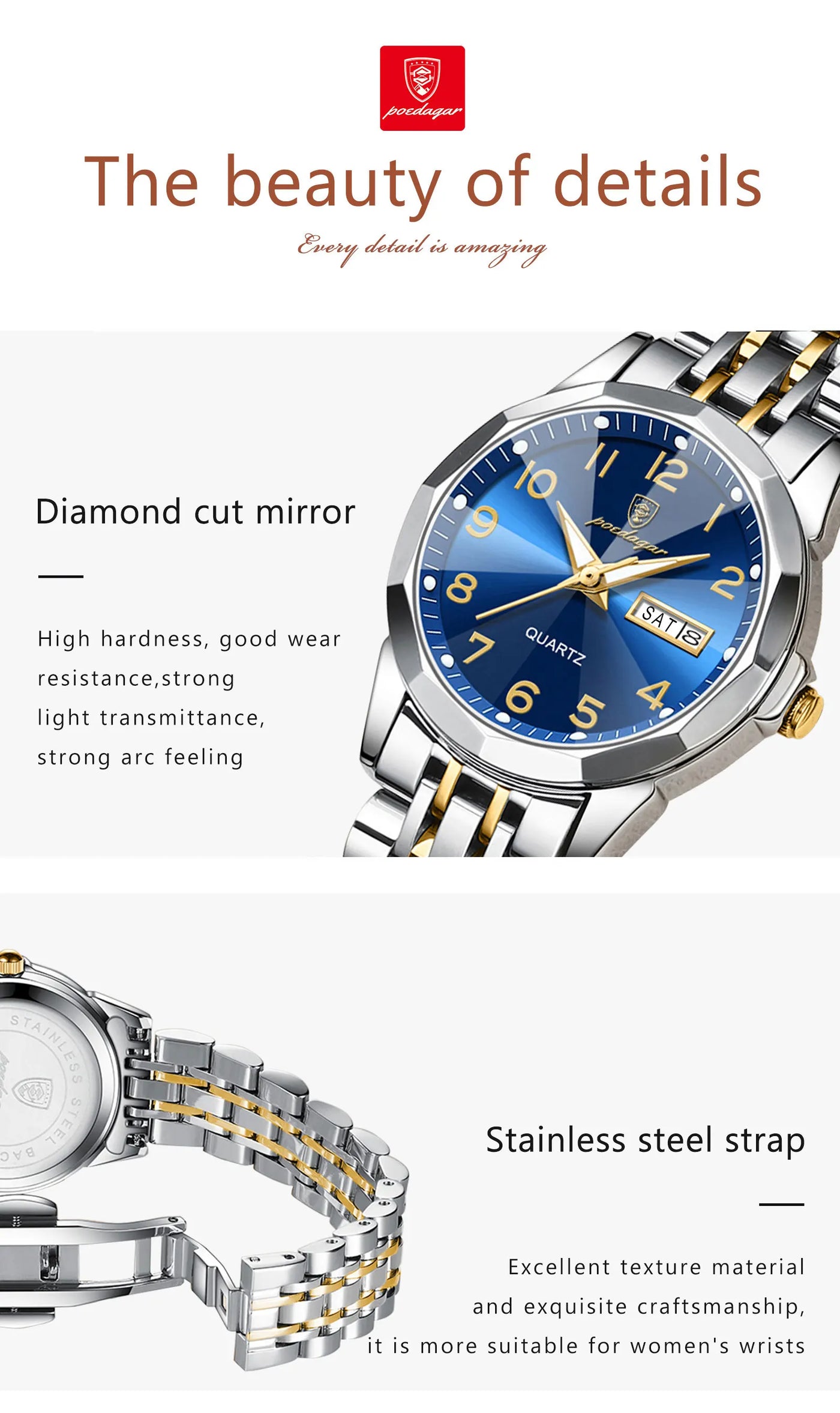 POEDAGAR Luxury Ladies Wristwatch Waterproof Luminous Date Week Women Quartz Watch Stainless Steel Women‘s Watches Female Reloj - LKBA
