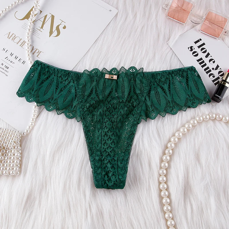 BANNIROU Women's Thongs Underwear Female Intimates T-back G-string Sexy Transparent Lace Low-Rise Panties Lingerie For Woman - LKBA