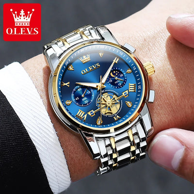 OLEVS 2856 Quartz Watch for Men Flywheel Skeleton Chronograph Moon Phase Multifunctional Stainless steel Men's Wristwatches - LKBA