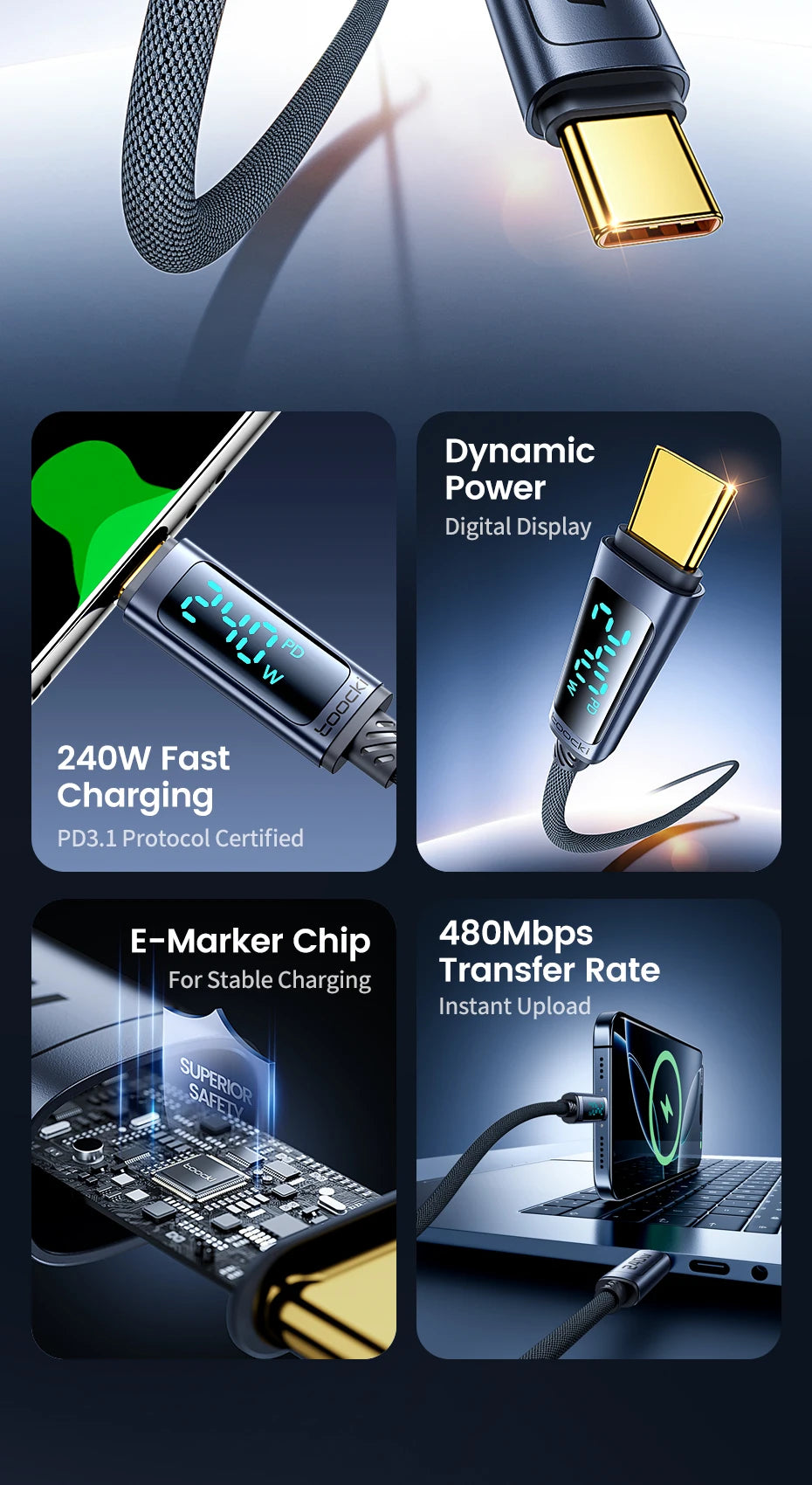 Toocki 240W Type C to Type C Cable PD3.1 Digital Display 100W Fast Charging USB C Cable for Macbook iPhone 16 15 Samsung Xiaomi - LKBA
