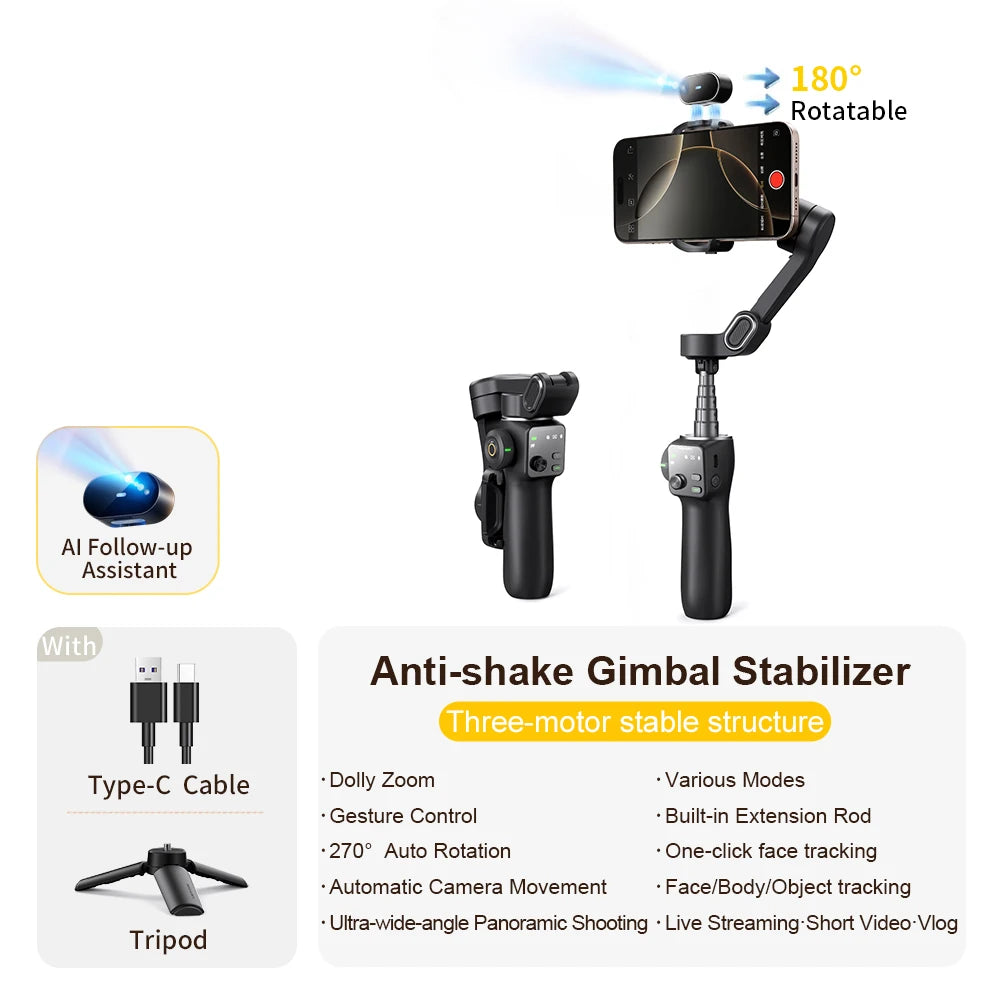 Handheld Anti-shake Gimbal Stabilizer Travel Extended Selfie Stick Face Tracking Phone Stand - LKBA