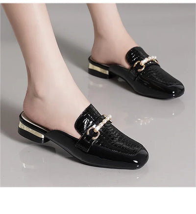 Summer New Pearl Painted Leather Low Heel Women's Slippers High Quality Flat Bottom Half Slippers Comfortable Fashionable - LKBA